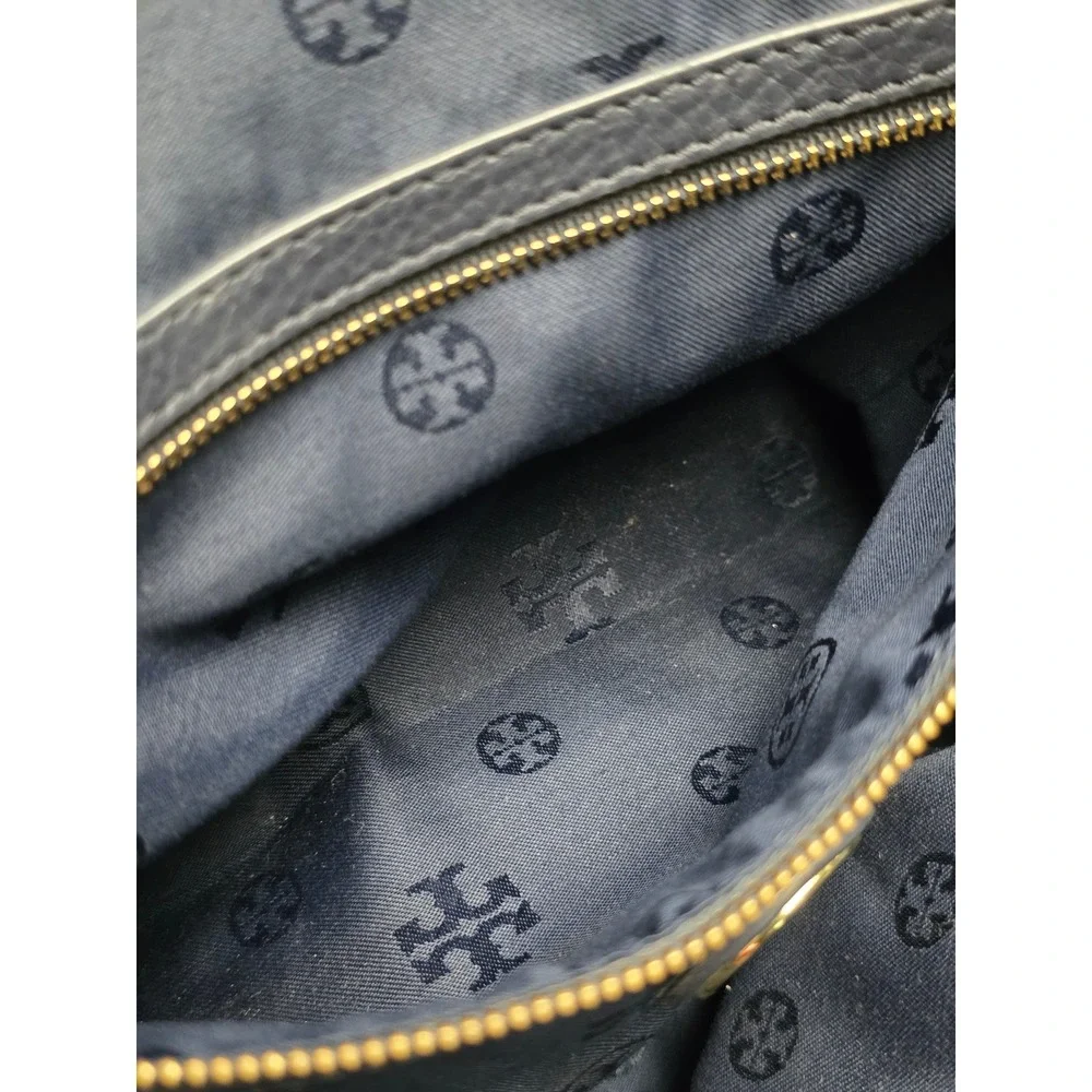 Tory Burch Link-Chain Shoulder Tote Bag Navy Blue Pebbled Leather Gold Large